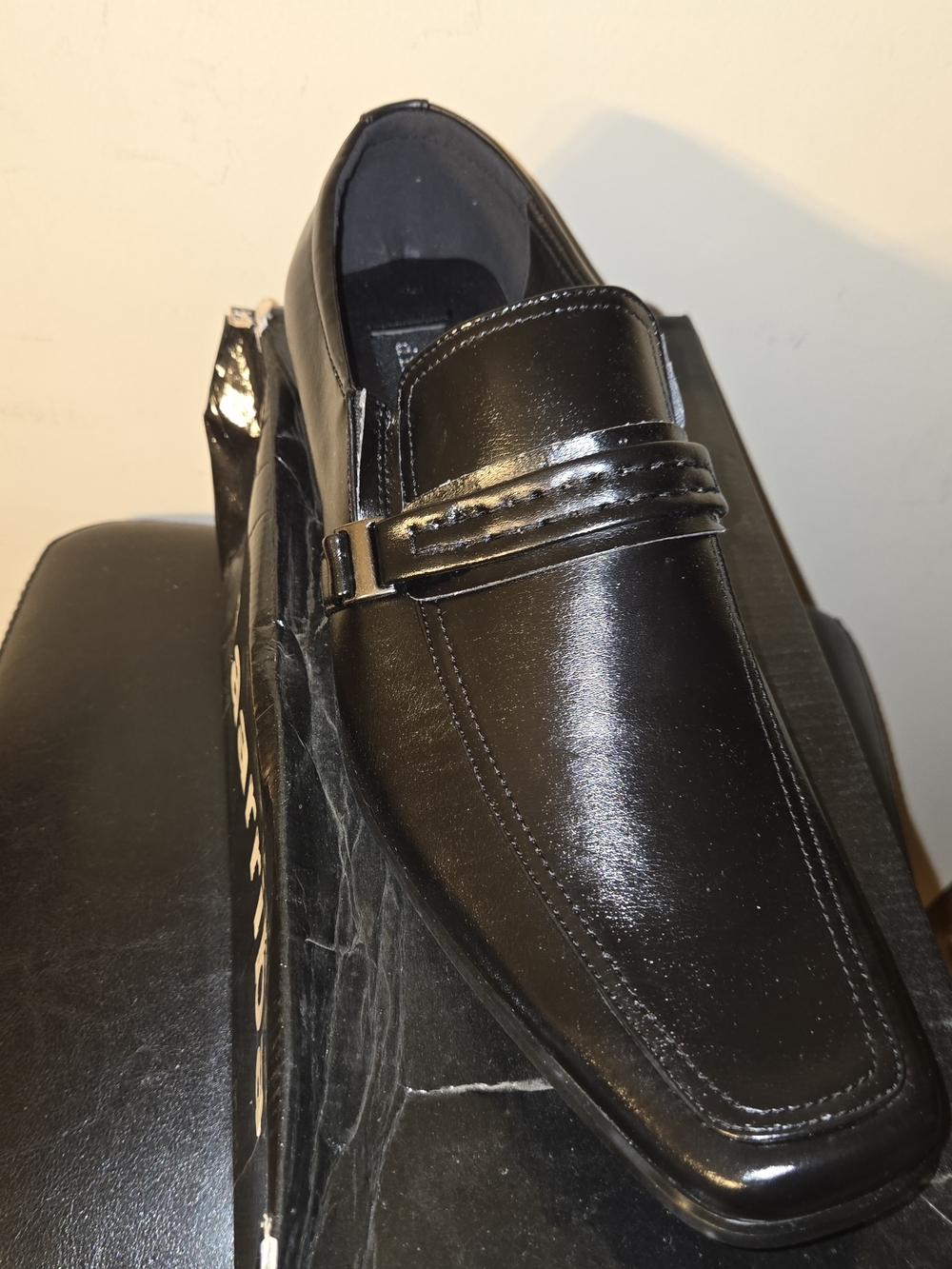 Men's Black Leather Slip-On Loafers with Decorative Strap 10M